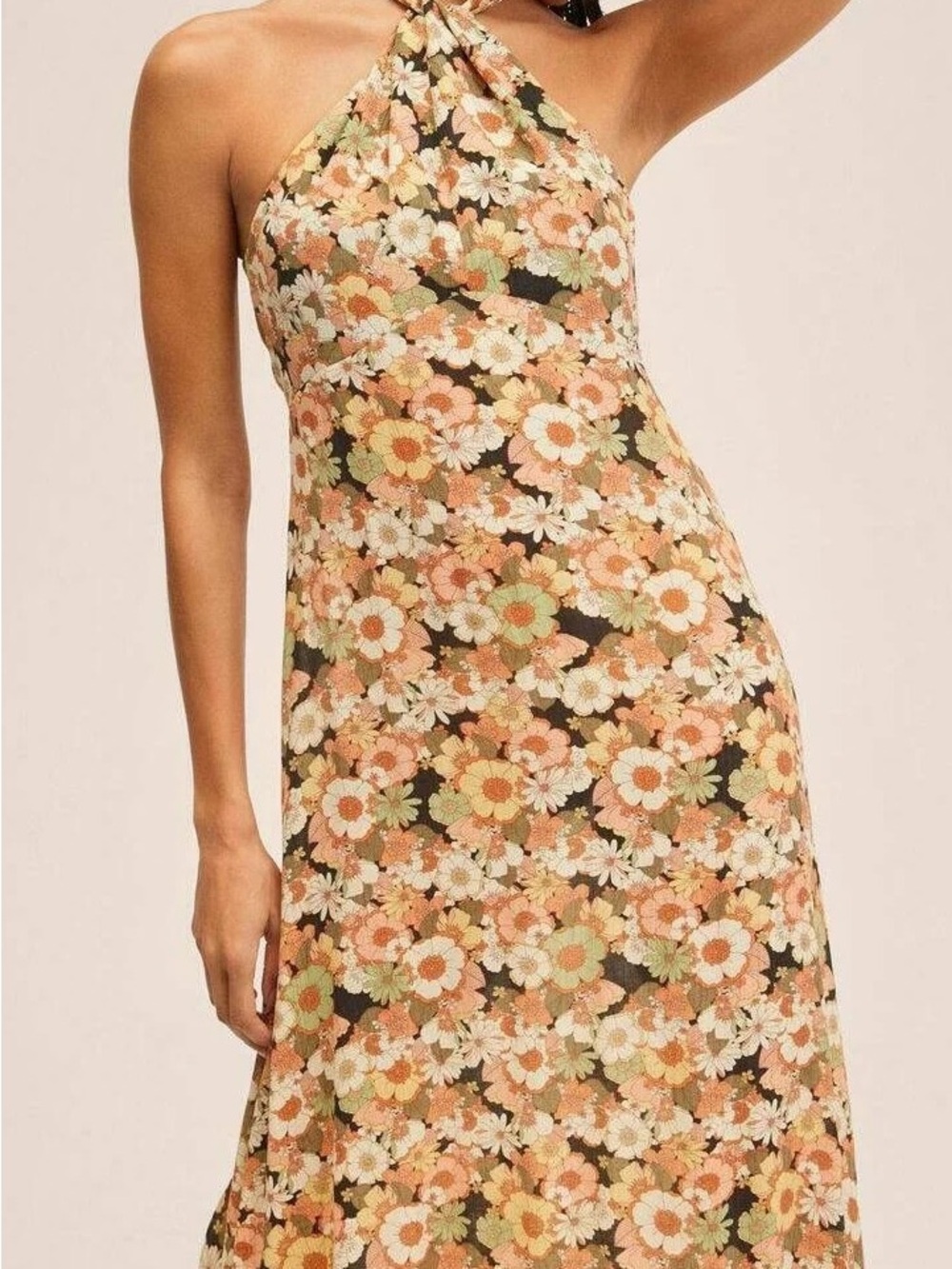 Mango Floral Halter Midi Dress in Peach and Olive - Picture 3 of 6